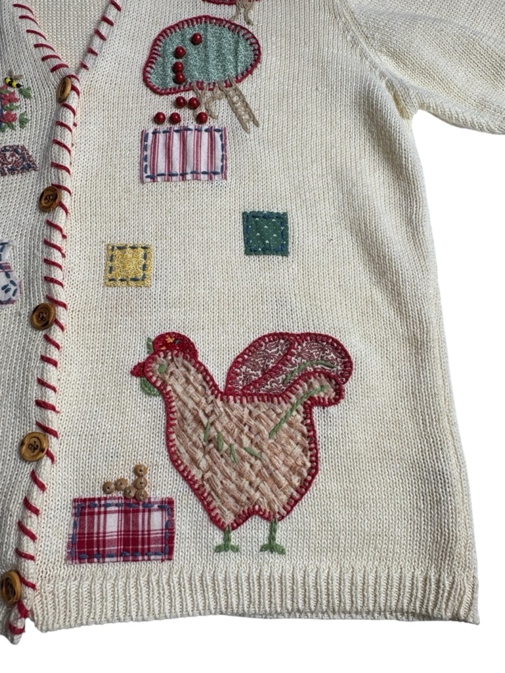 VTG 1995 Susan Bristol Hand Embroidered Farm Scene Cardigan • L • Ramie Cotton - Picture 3 of 12